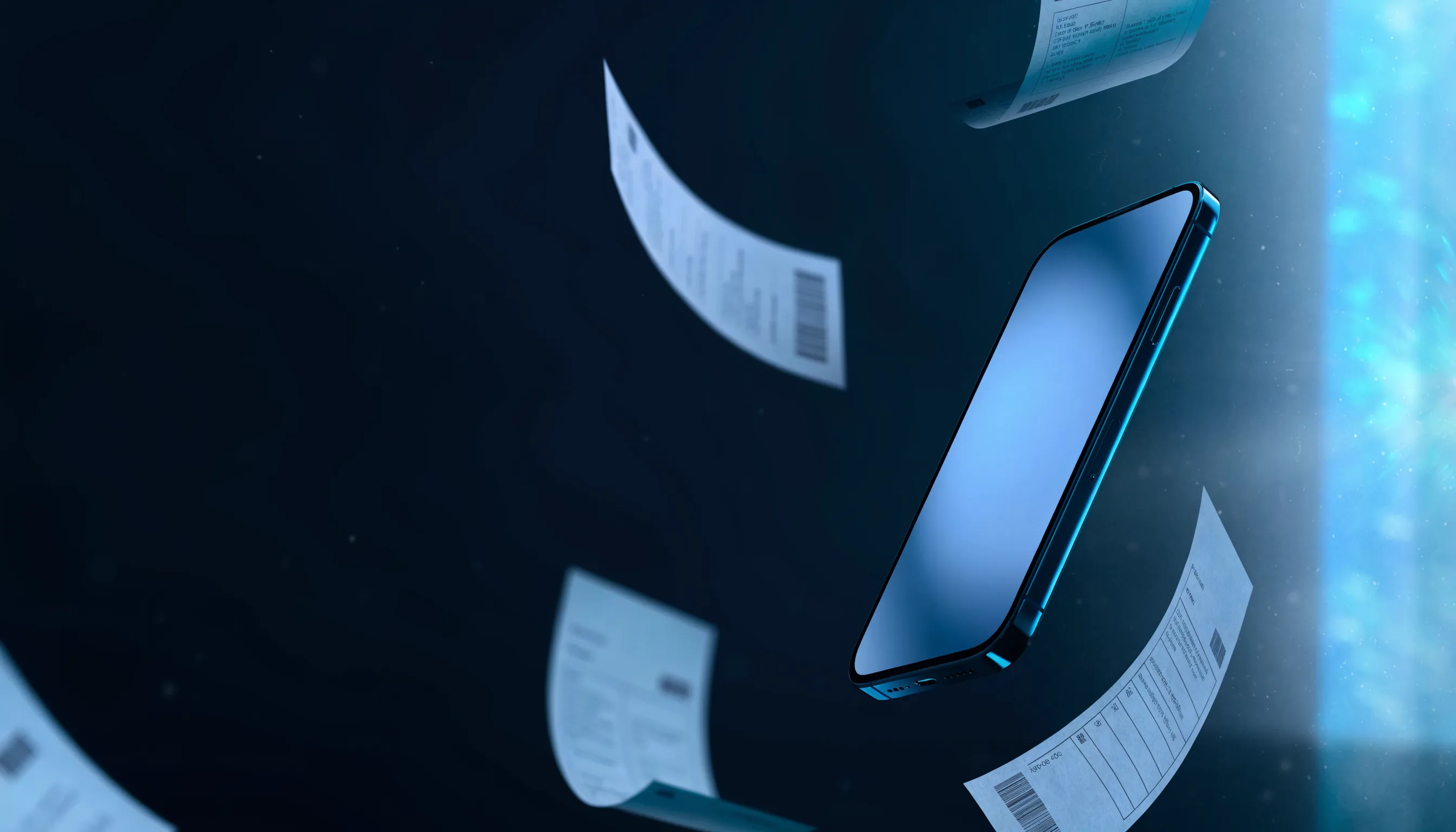 A smartphone floating among curling paper receipts lit by deep teal light