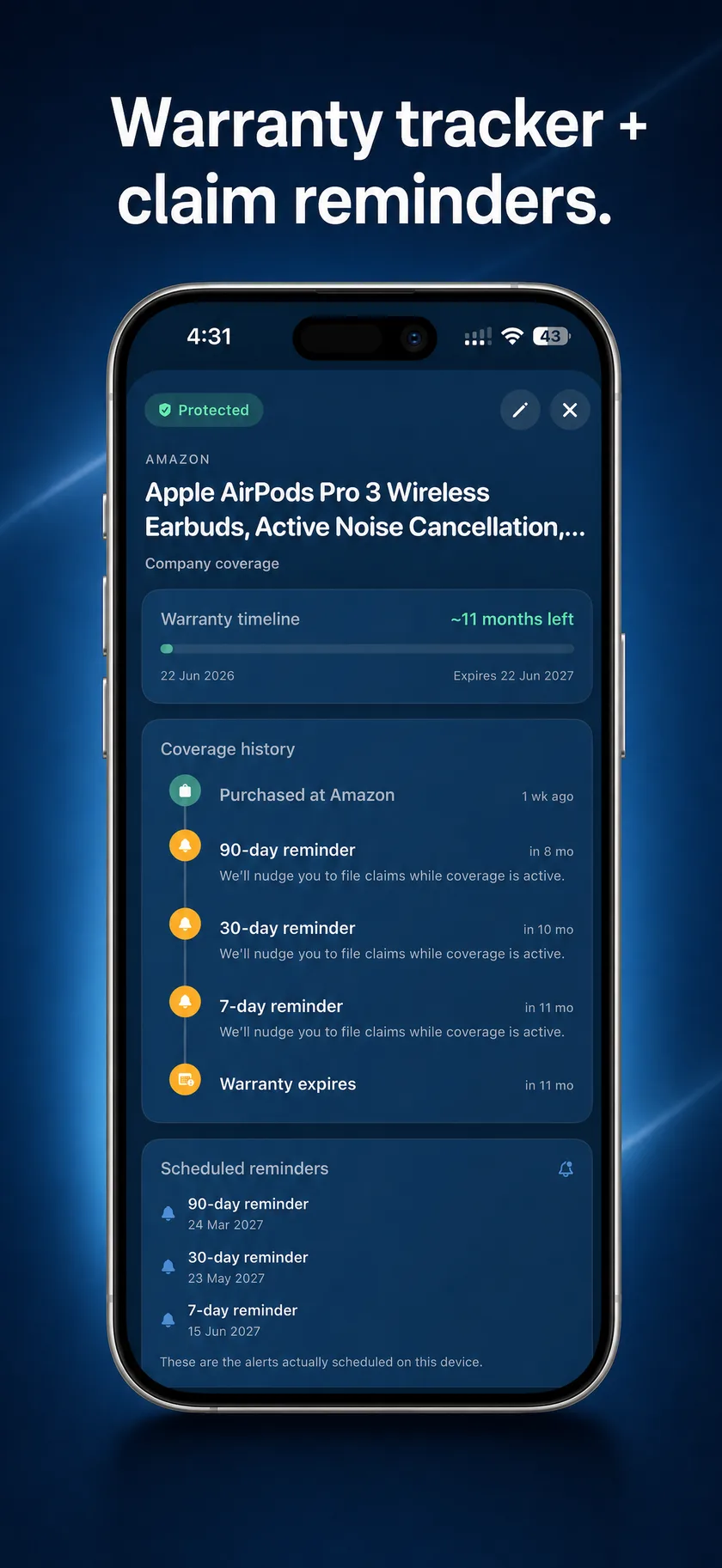 A warranty case file for AirPods Pro — coverage timeline, 90/30/7-day reminders, and the alerts actually scheduled on the device