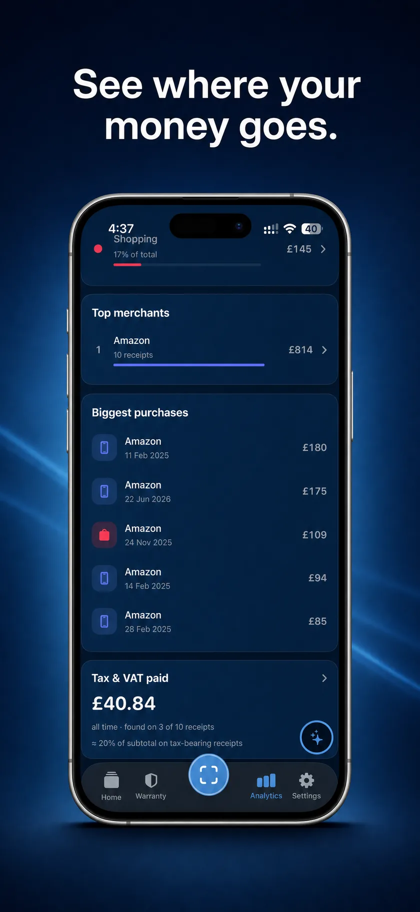 Analytics — top merchants, biggest purchases, and the Tax & VAT paid roll-up